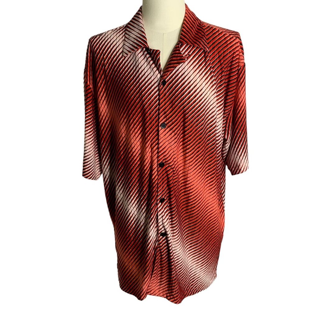 Vintage 90s Maltos Button Up Club Shirt XL Red Striped Stretch Knit Short Sleeve
